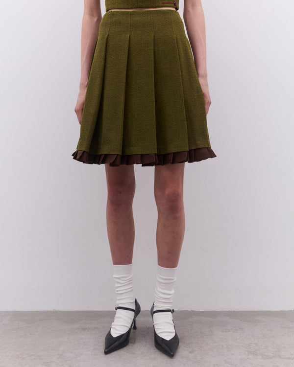 SHUSHU/TONG - Women’s Patchwork Lace Wide Pleat Skirt - (Green)