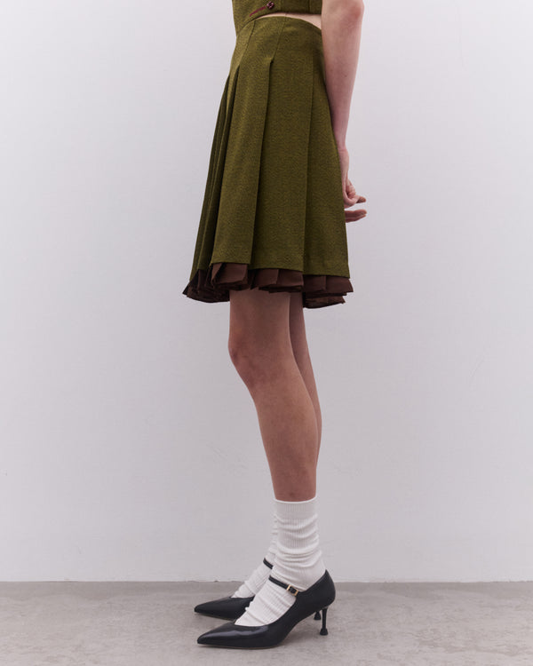 SHUSHU/TONG - Women’s Patchwork Lace Wide Pleat Skirt - (Green)