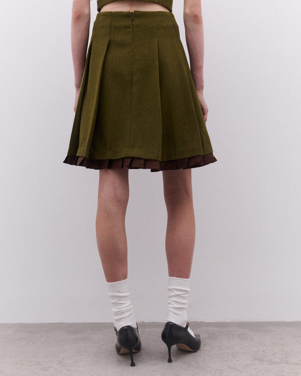 SHUSHU/TONG - Women’s Patchwork Lace Wide Pleat Skirt - (Green)
