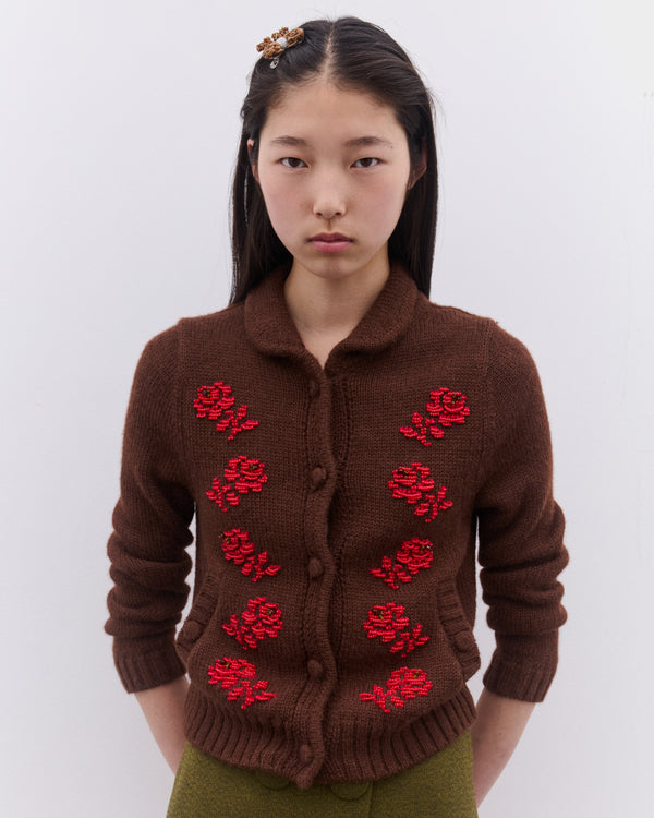 SHUSHU/TONG - Women’s Embroidered Floral Cardigan - (Brown)