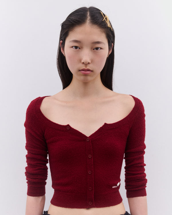 SHUSHU/TONG - Women’s Round Neck Fitted Cardigan - (Wine Red)