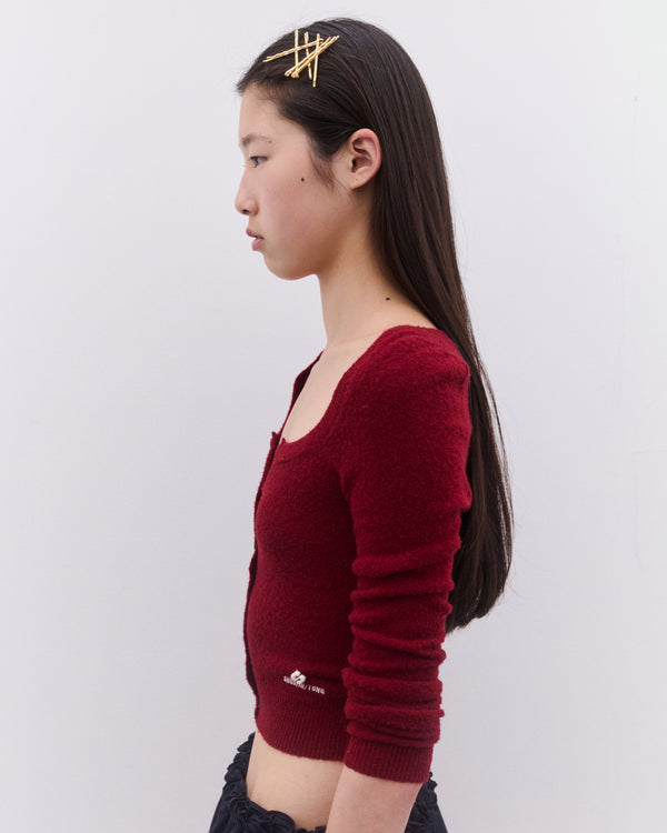 SHUSHU/TONG - Women’s Round Neck Fitted Cardigan - (Wine Red)