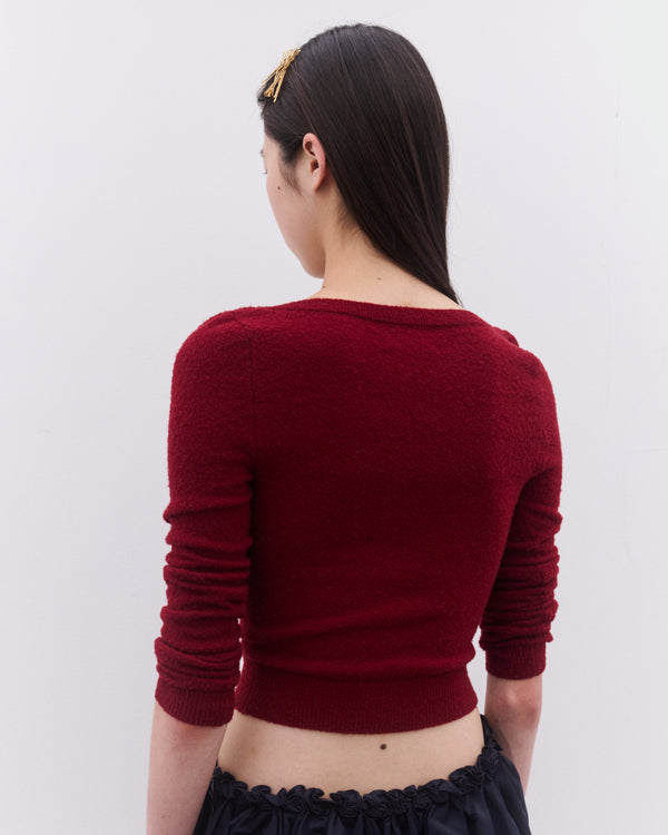 SHUSHU/TONG - Women’s Round Neck Fitted Cardigan - (Wine Red)