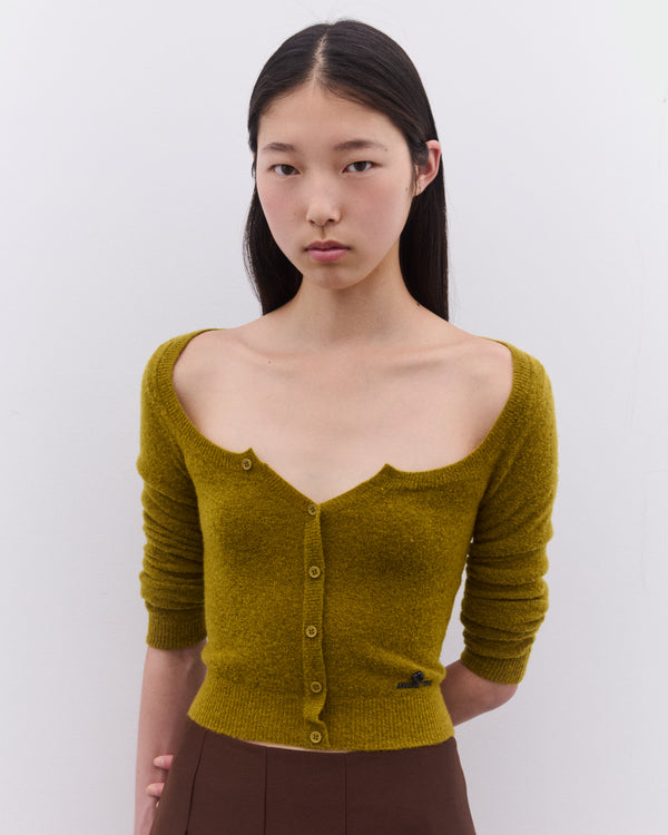 SHUSHU/TONG - Women’s Round Neck Fitted Cardigan - (Yellow Green)