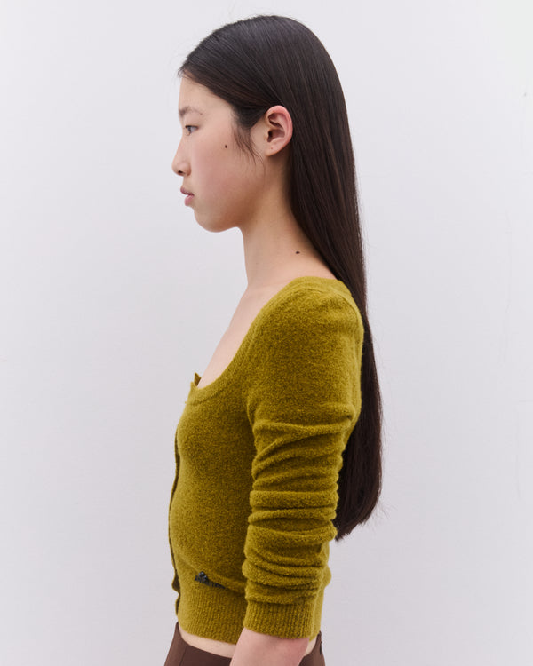 SHUSHU/TONG - Women’s Round Neck Fitted Cardigan - (Yellow Green)