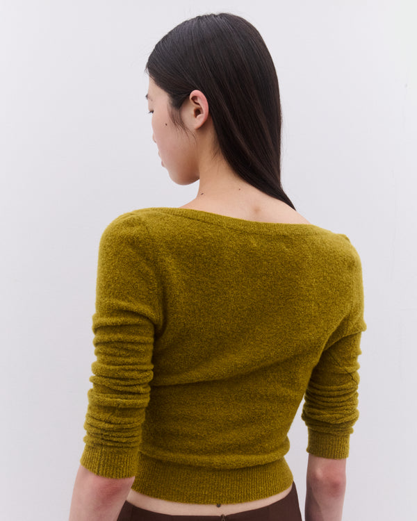 SHUSHU/TONG - Women’s Round Neck Fitted Cardigan - (Yellow Green)