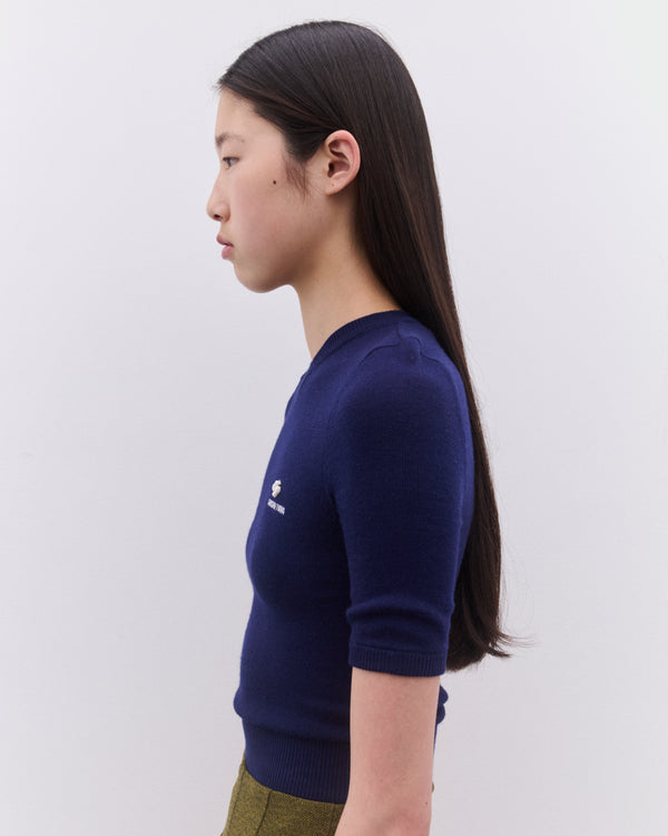 SHUSHU/TONG - Women’s V-Neck Short Sleeve Knit Top - (Navy)