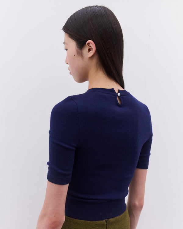 SHUSHU/TONG - Women’s V-Neck Short Sleeve Knit Top - (Navy)