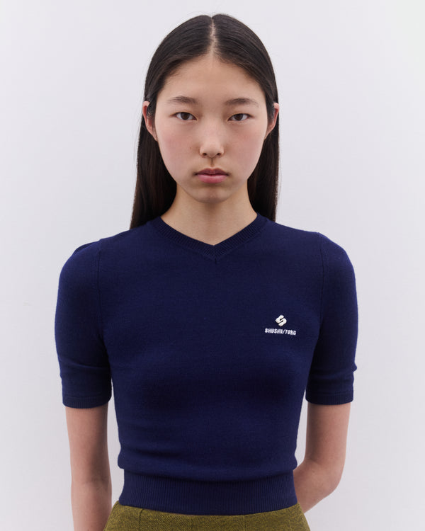 SHUSHU/TONG - Women’s V-Neck Short Sleeve Knit Top - (Navy)