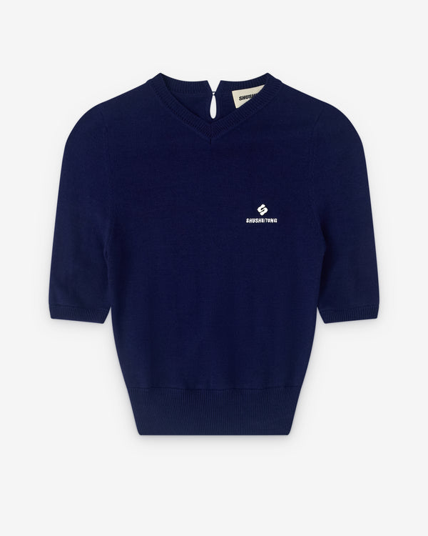 SHUSHU/TONG - Women’s V-Neck Short Sleeve Knit Top - (Navy)