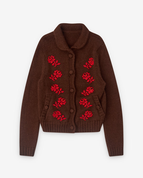 SHUSHU/TONG - Women’s Embroidered Floral Cardigan - (Brown)