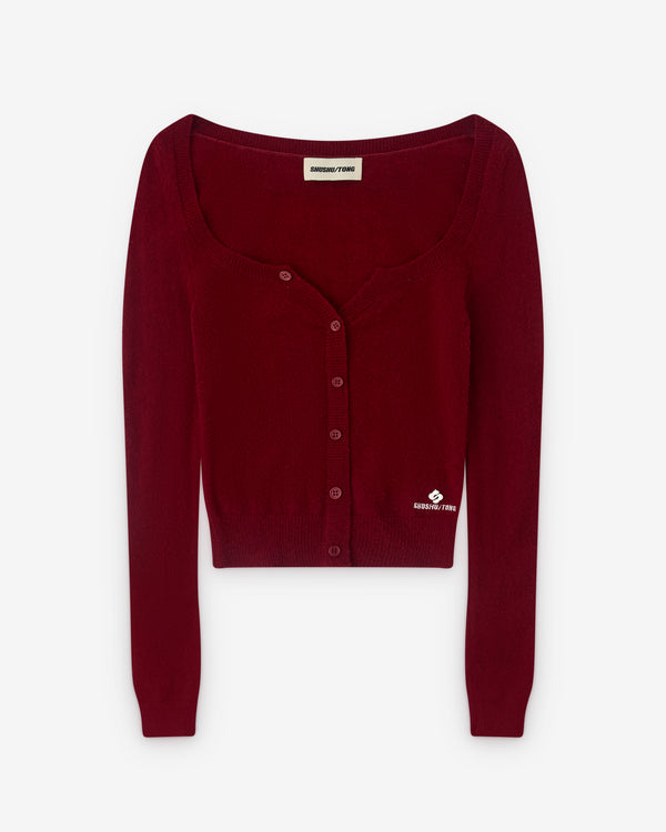SHUSHU/TONG - Women’s Round Neck Fitted Cardigan - (Wine Red)
