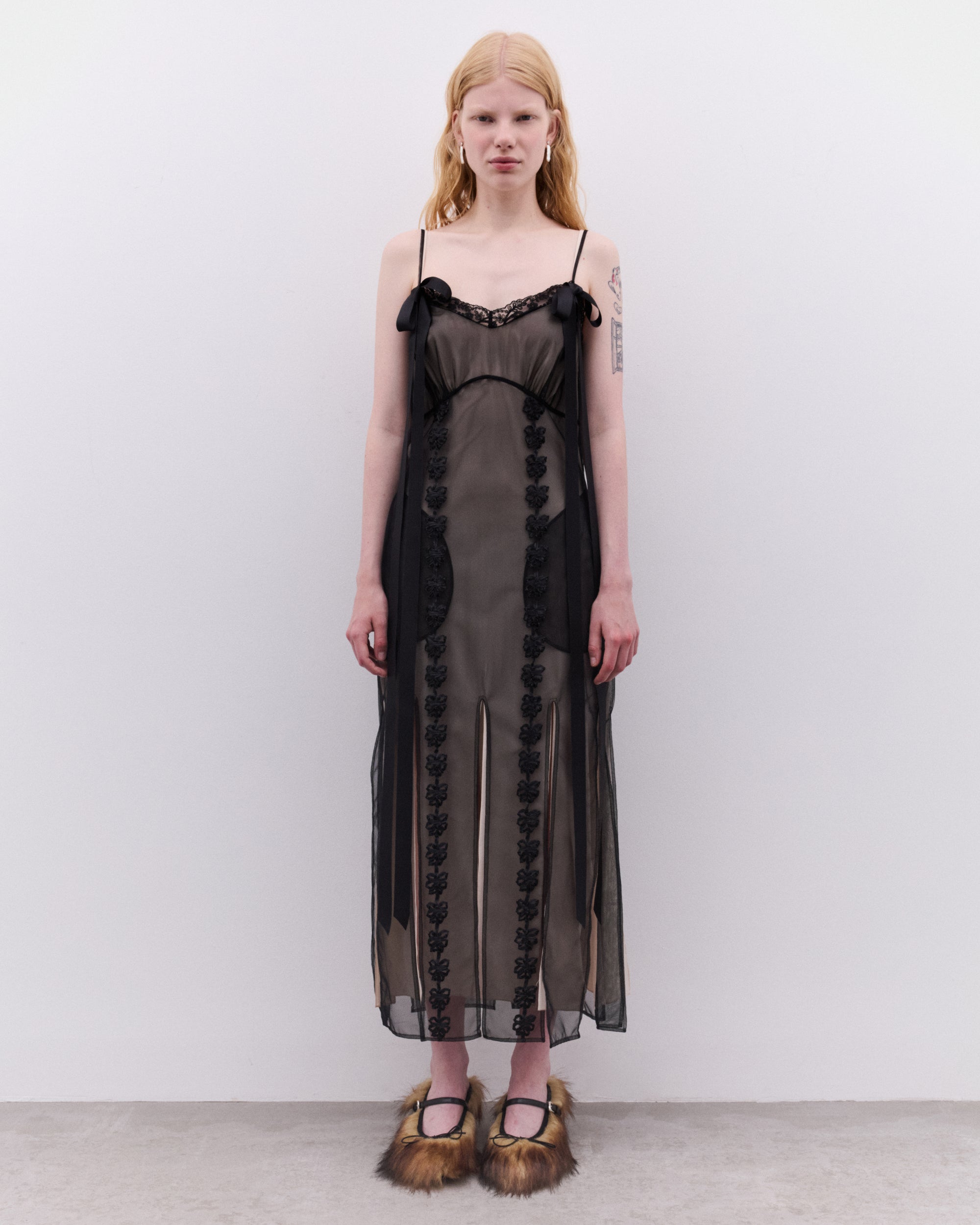 Simone Rocha: Layered Ribbon Daisy Chain Dress (Black/Nude) | DSML E-SHOP