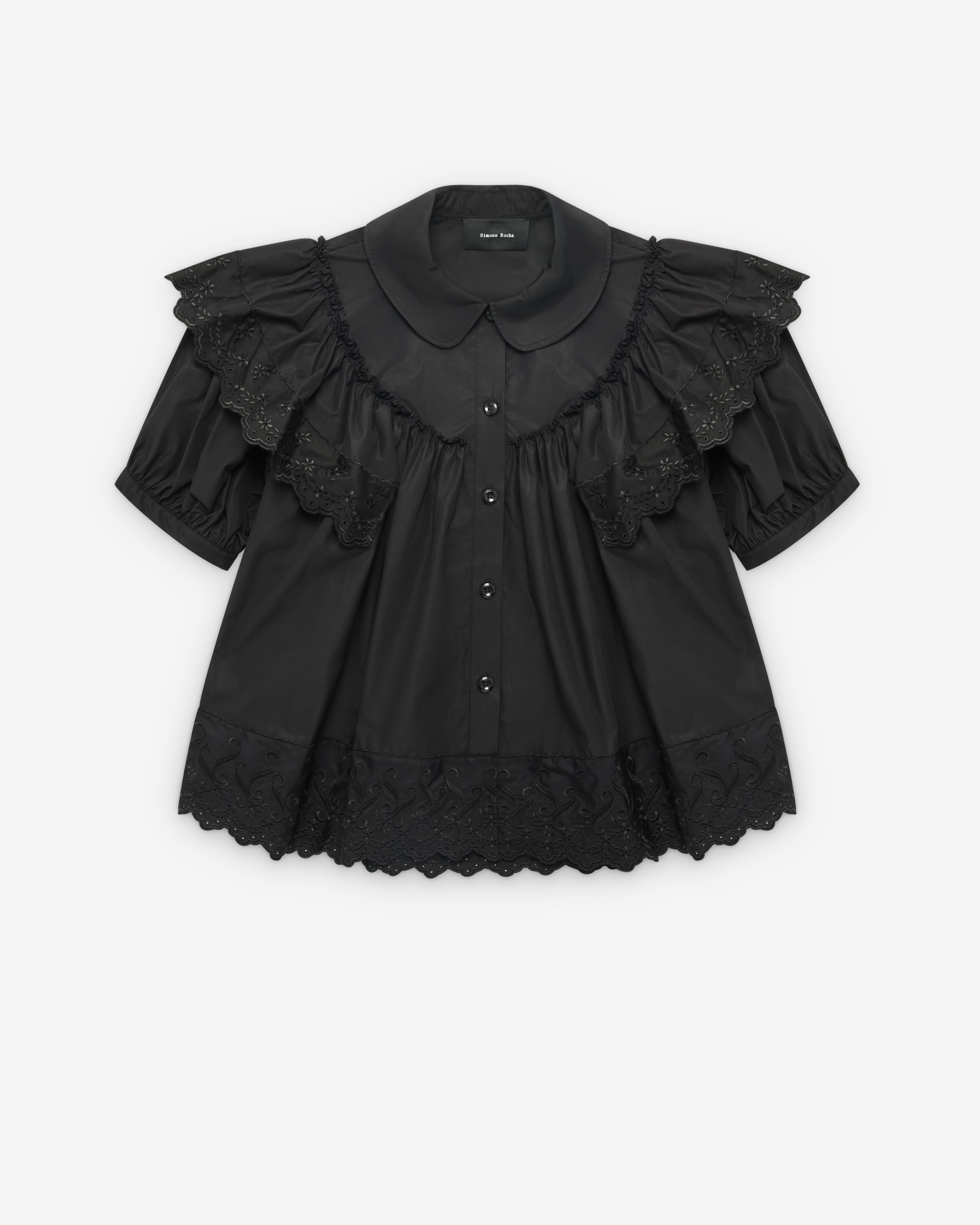 Simone Rocha: Women's Puff Sleeve Ruffle Frill Trim Shirt (Black
