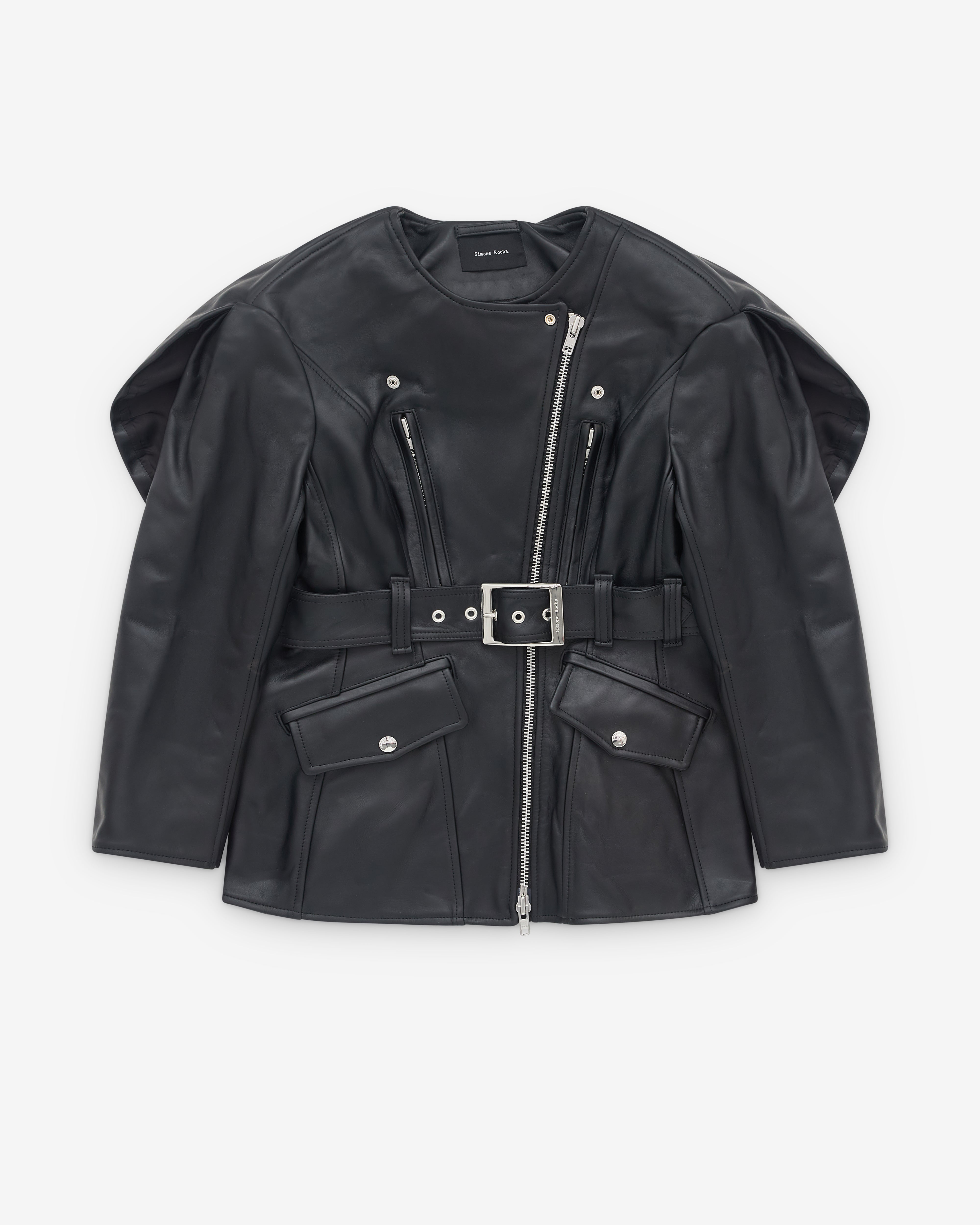 Simone Rocha: Women’s Sculpted Belt Detail Biker Jacket (Black) | DSML ...