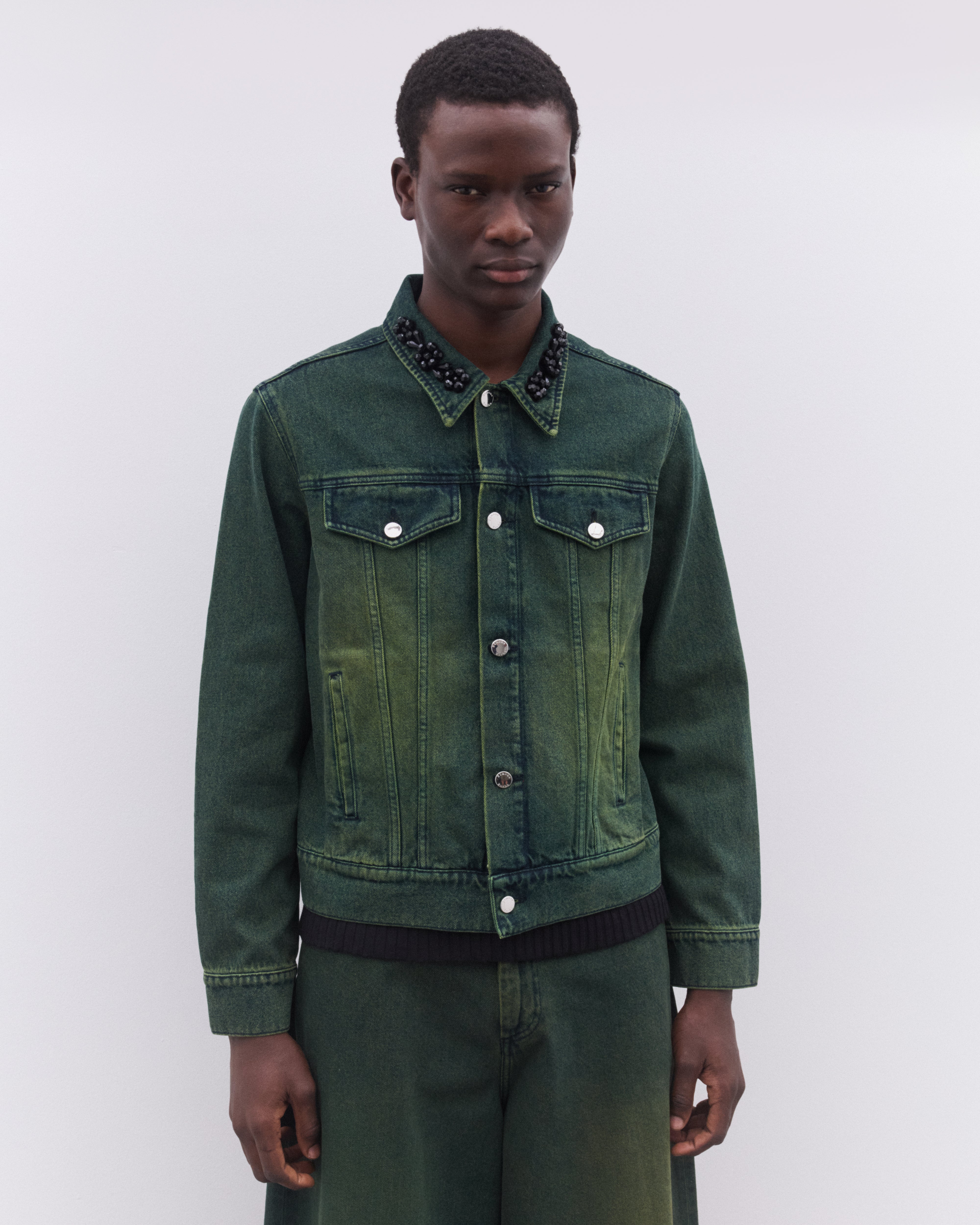 Simone Rocha: Men's Embellished Fitted Trucker Jacket (Green