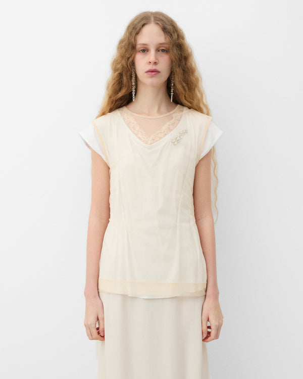 Simone Rocha - Women's Layered Liquid Cap Sleeve Lace Trim T-Shirt - (White)