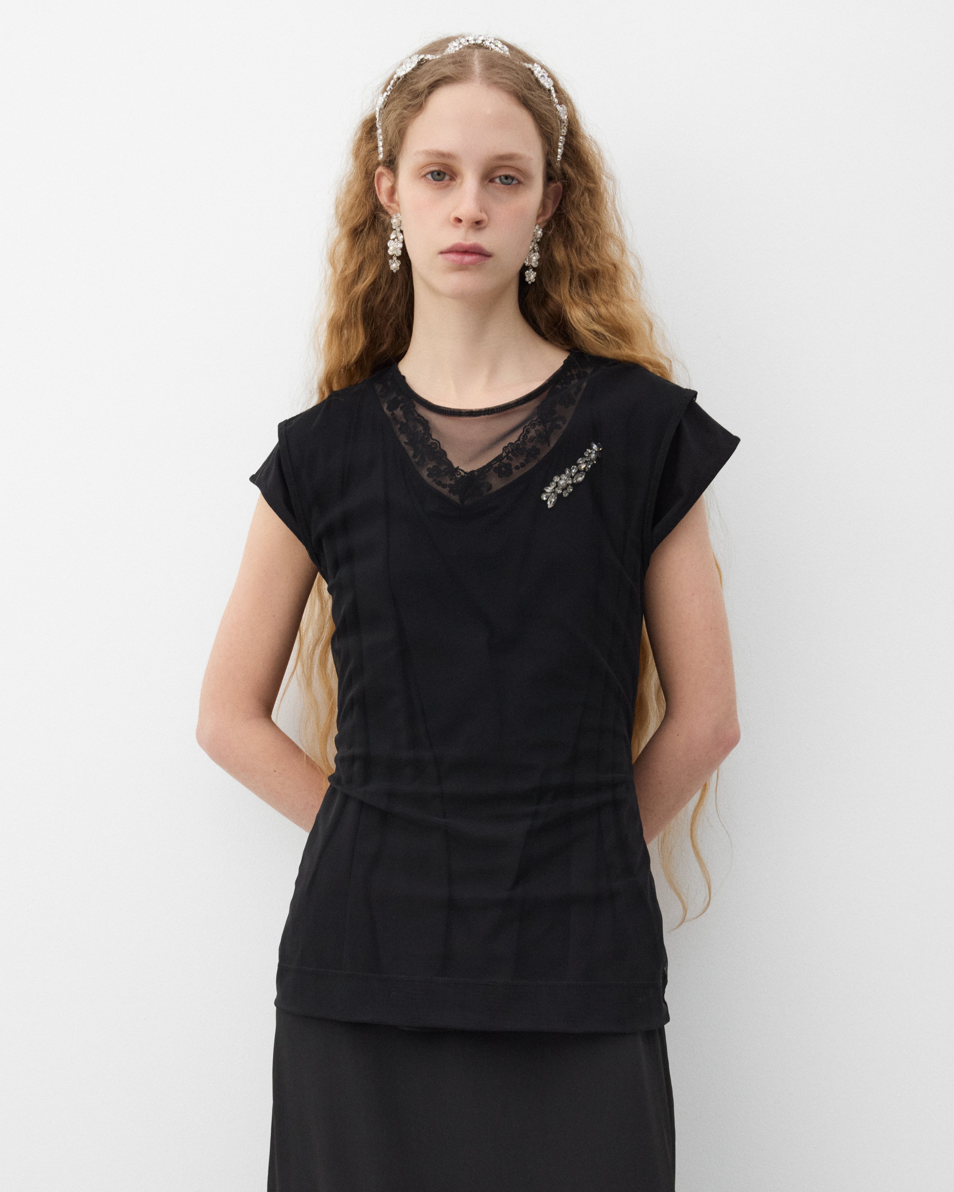 Simone Rocha: Women's Layered Liquid Cap Sleeve Lace Trim T-Shirt