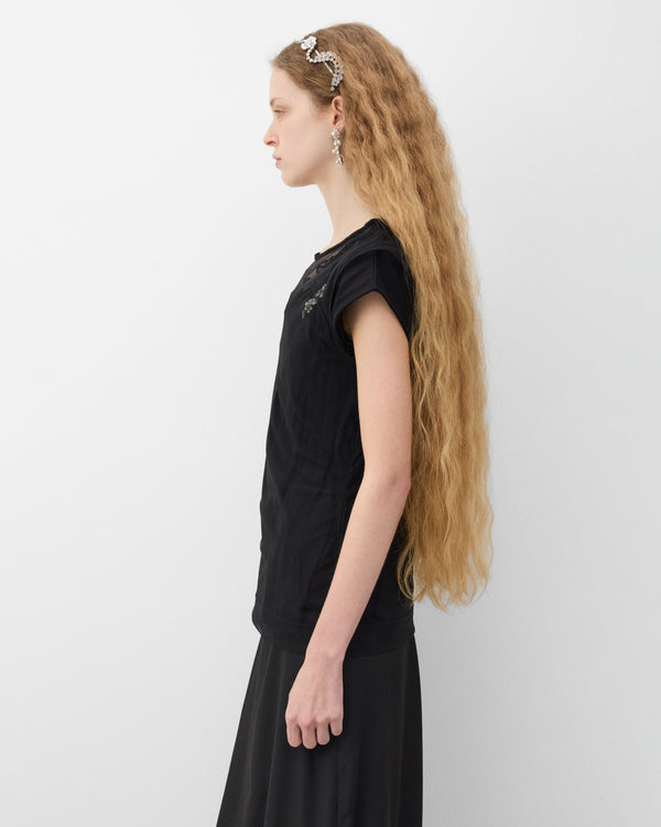 Simone Rocha - Women's Layered Liquid Cap Sleeve Lace Trim T-Shirt - (Black)