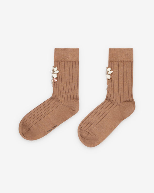 Simone Rocha - Women's Poppy Crystal Flower Ribbed Ankle Socks - (Chestnut)