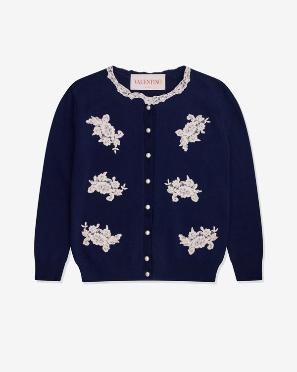 Valentino - Women's Embroidered Wool And Lace Cardigan - (Blue/Ivory)