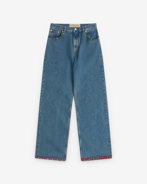 Valentino - Men’s Denim Trousers With Printed Border - (Blue)