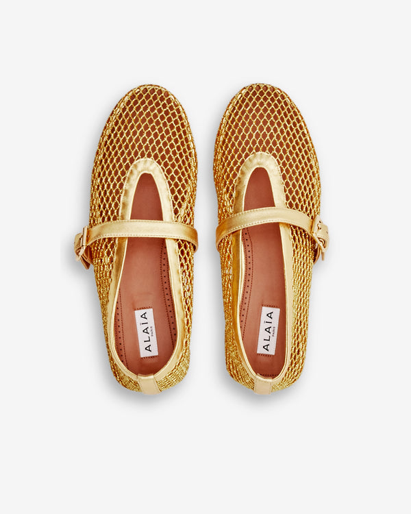 Alaïa - Women’s Ballet Flats In Laminated Fishnet - (Gold)