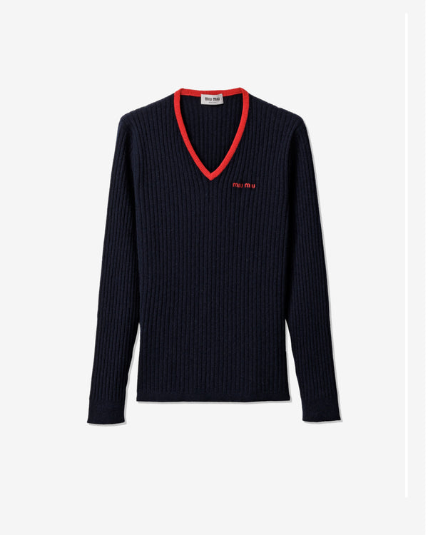 Miu Miu - V-Neck Cashmere Sweater - (Blue/Red)