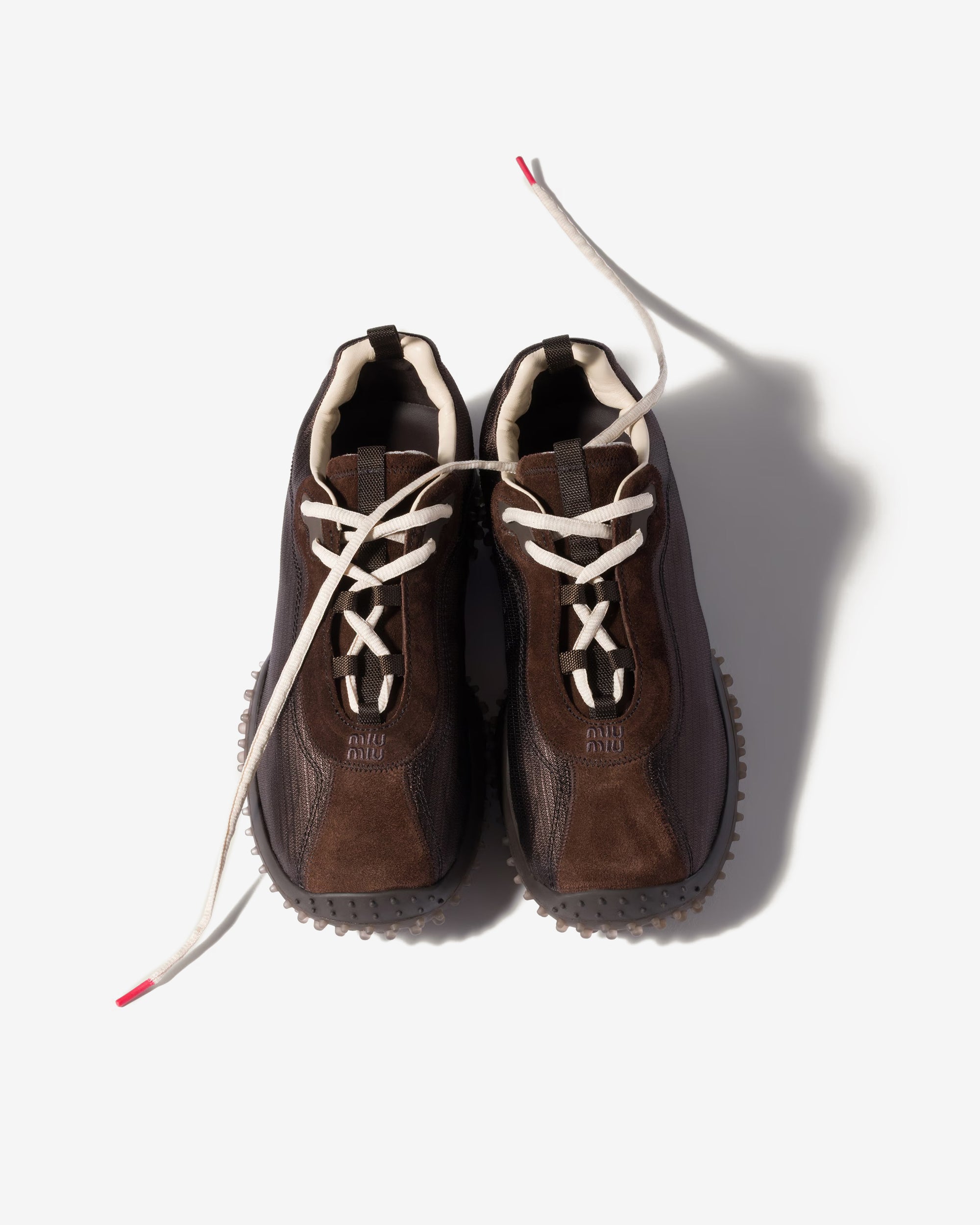 Miu Miu - Bubble Technical Fabric and Suede Sneakers - (Dark Brown) view 4, Click to Zoom in
