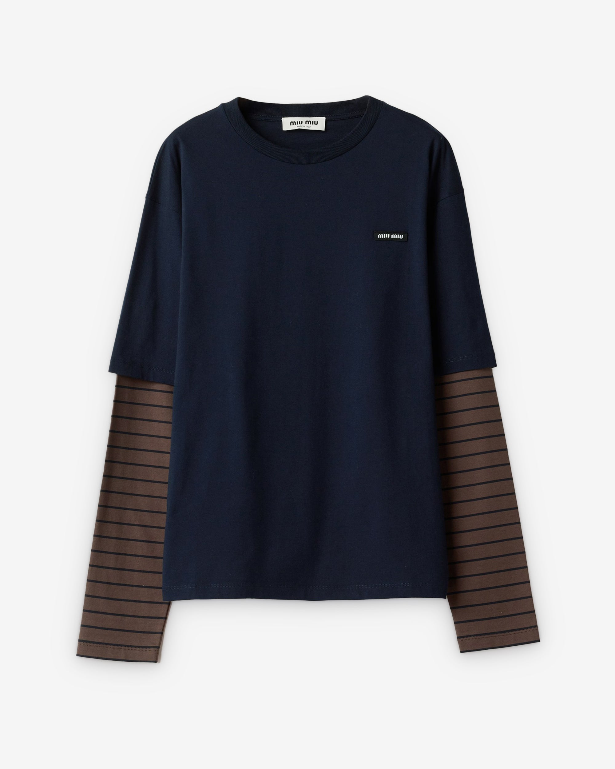 Miu Miu - Women’s Long-sleeved Jersey T-Shirt - (Blue/Cocoa Brown) view 1, Click to Zoom in