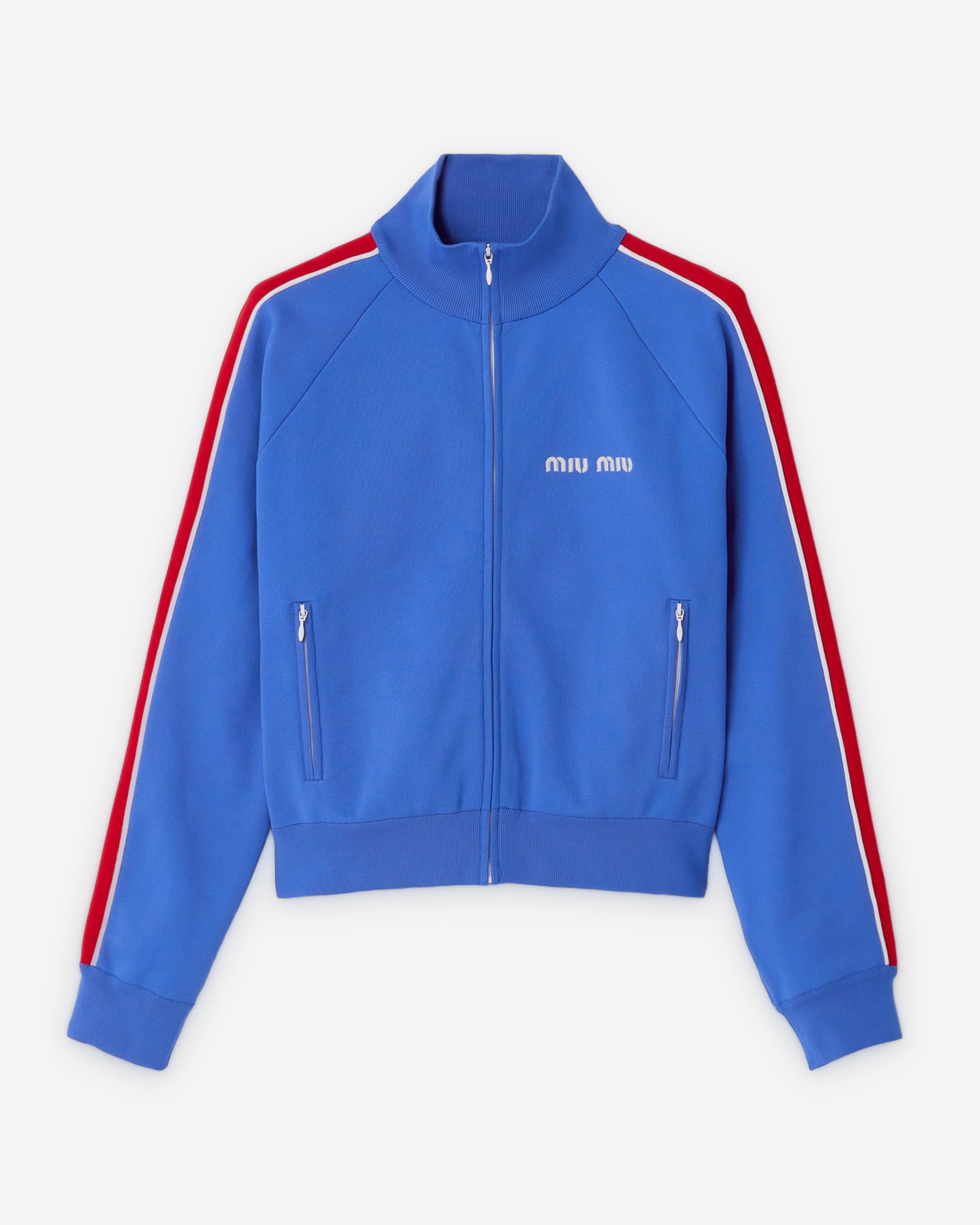 Miu Miu - Women's Technical Yarn Zipper Sweatshirt - (Bright Blue/Red) view 1, Click to Zoom in