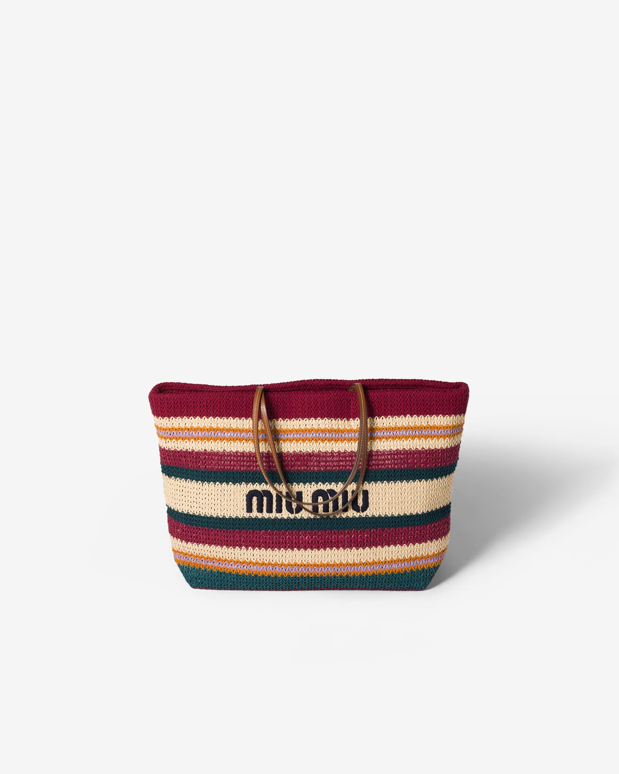Miu Miu - Raffia-effect Woven Tote Bag - (Bordeaux/Teal/Natural) view 1, Click to Zoom in