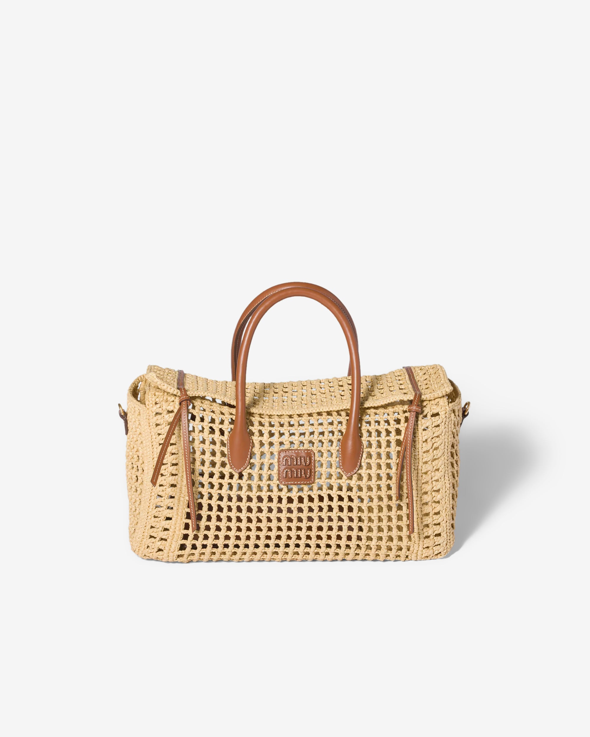 Miu Miu - Women's Raffia Top-Handle Bag - (Beige/Cognac) view 1, Click to Zoom in