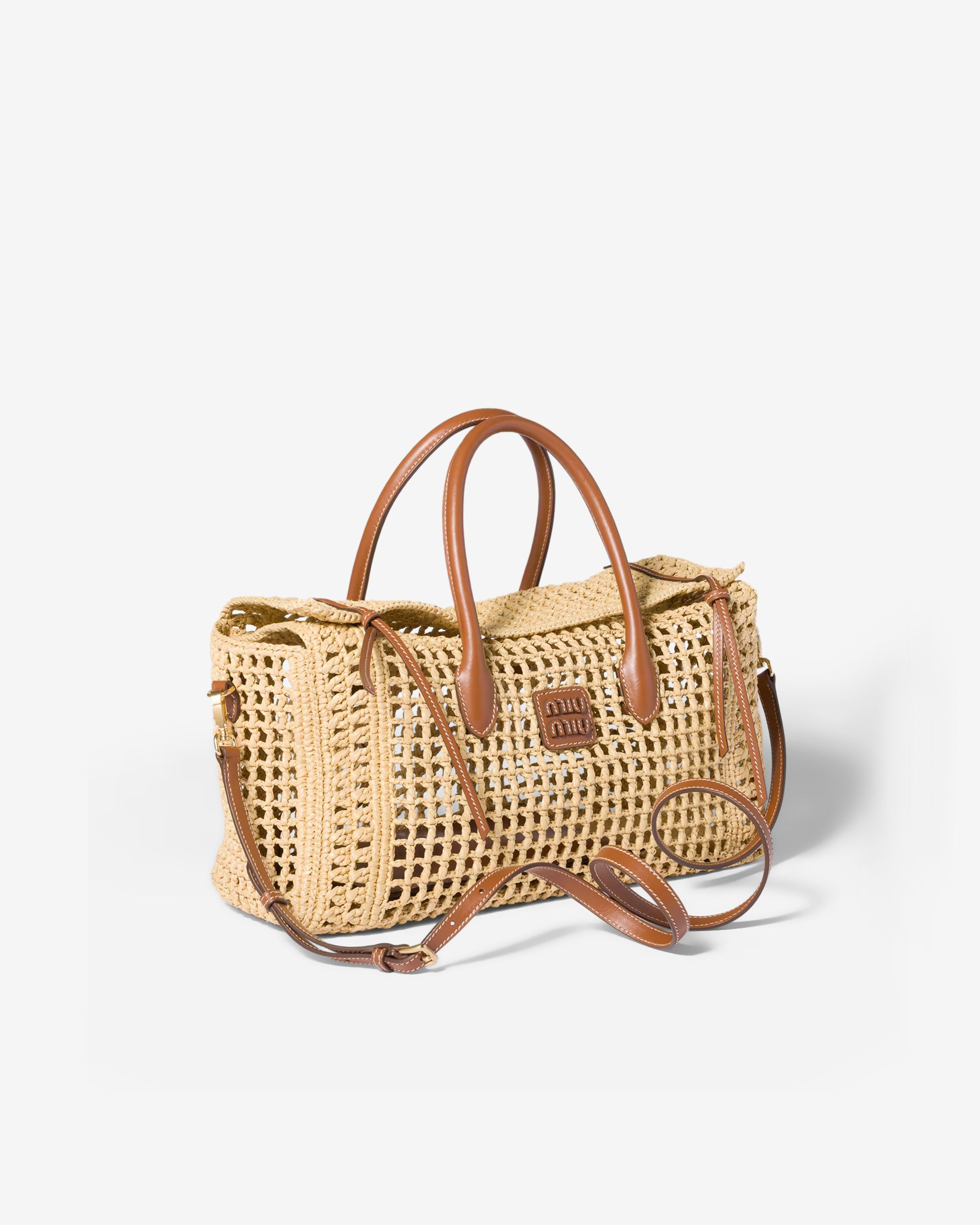 Miu Miu - Women's Raffia Top-Handle Bag - (Beige/Cognac) view 2, Click to Zoom in