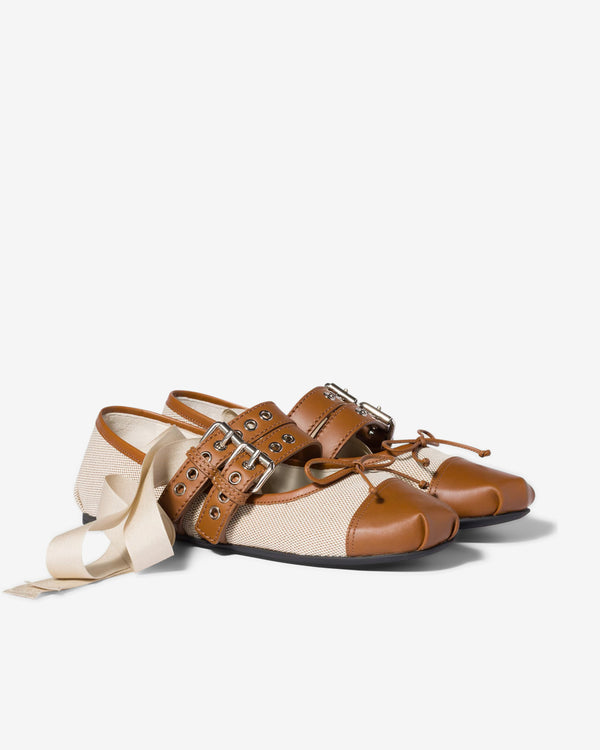 Miu Miu - Women's Canvas and Leather Ballerinas - (Beige/Tobacco)