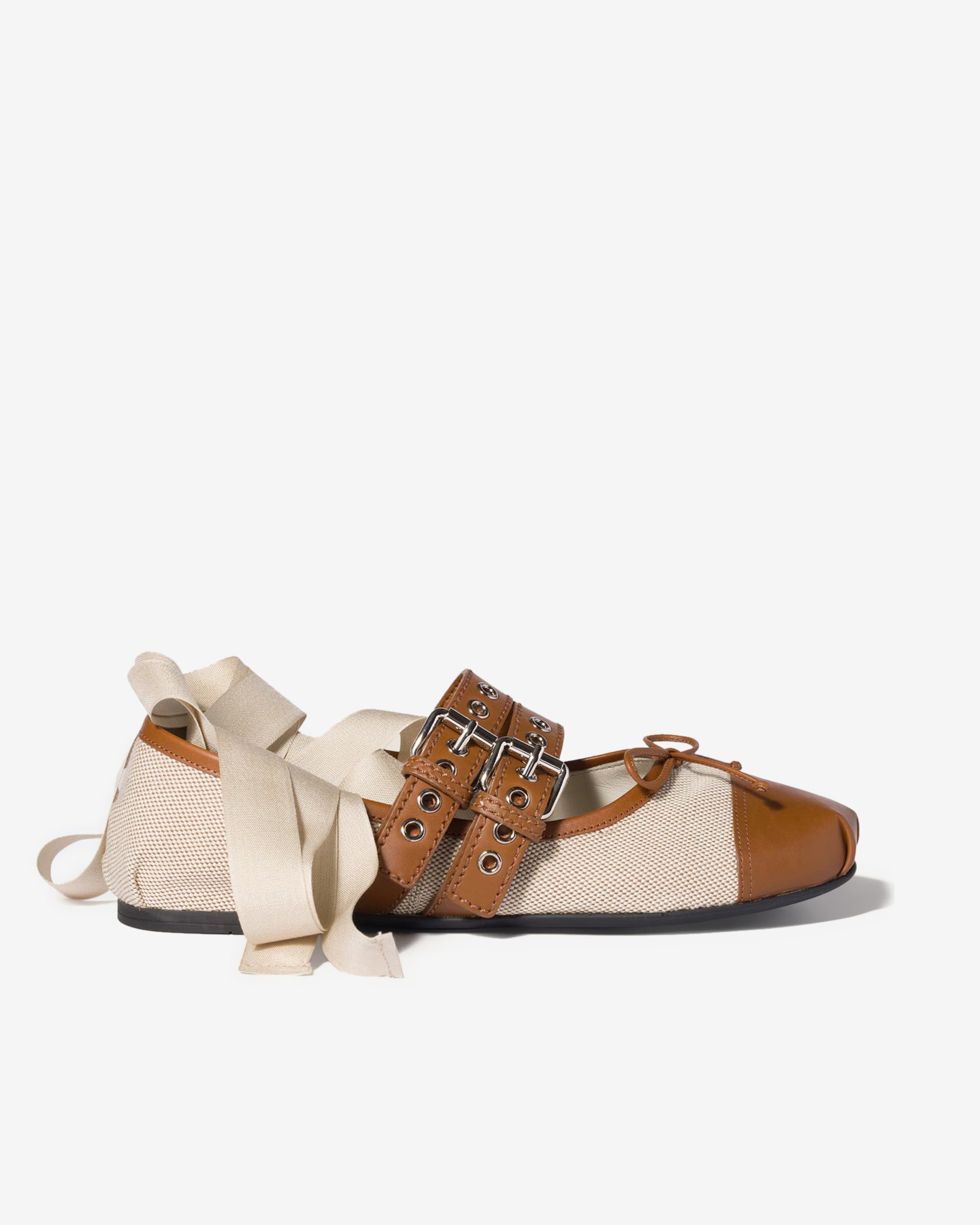 Miu Miu - Women's Canvas and Leather Ballerinas - (Beige/Tobacco) view 1, Click to Zoom in