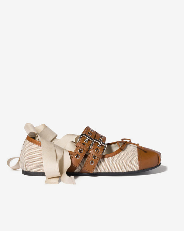 Miu Miu - Women's Canvas and Leather Ballerinas - (Beige/Tobacco)