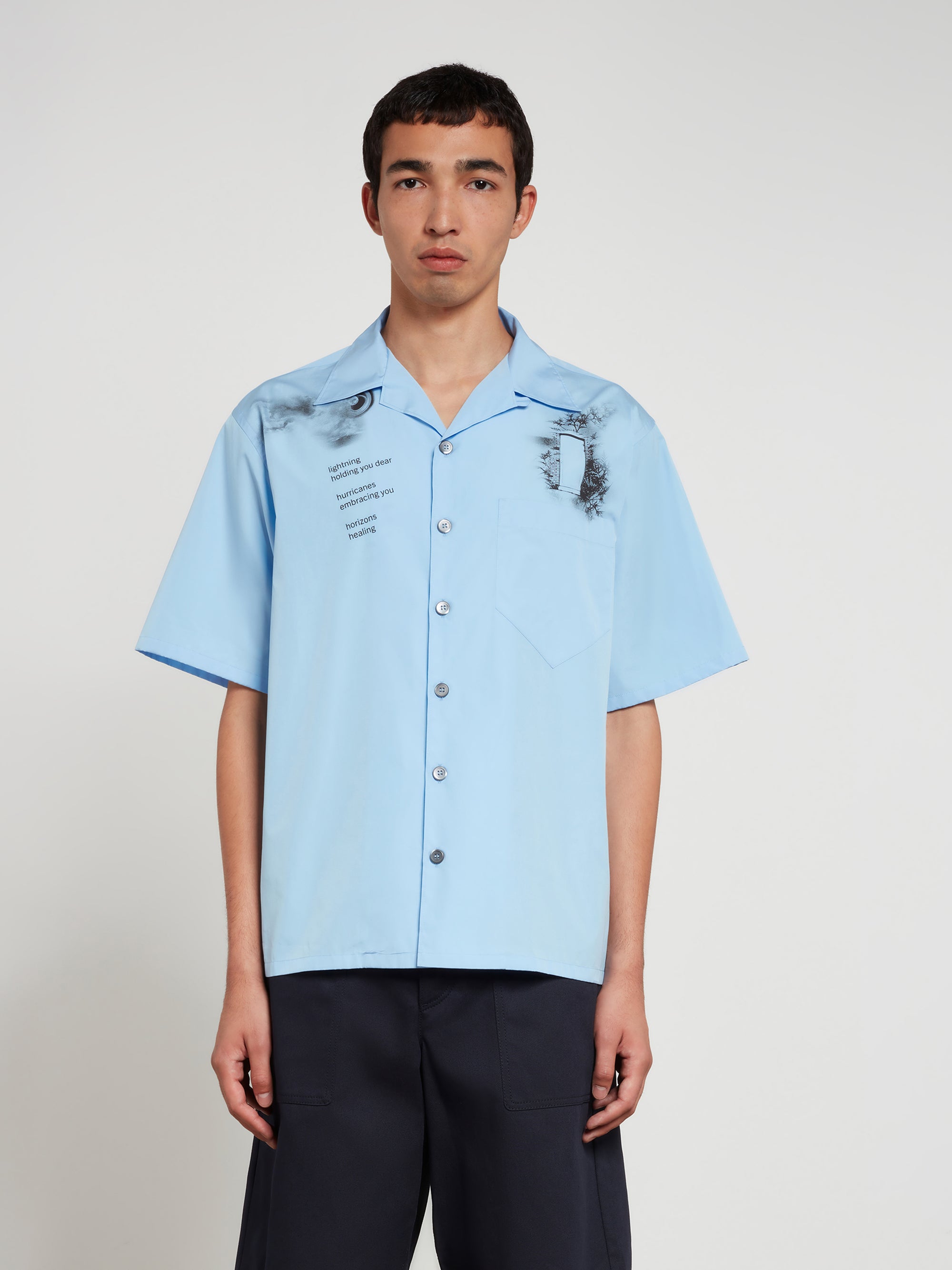 Printed Cotton Bowling Shirt in Blue - Prada