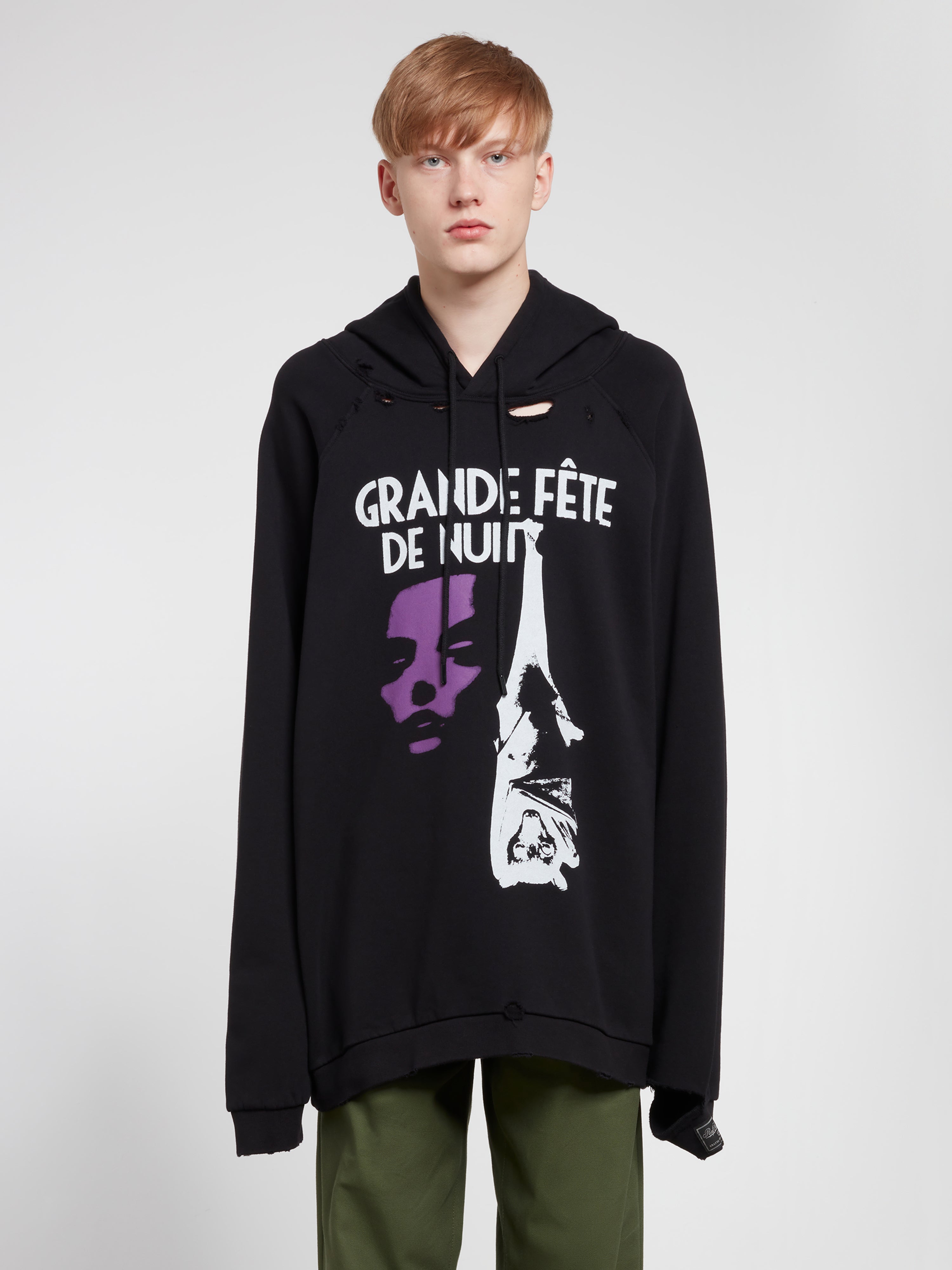 Raf Simons Men s Destroyed Oversized Grand Fete de Nuit Hoodie Black