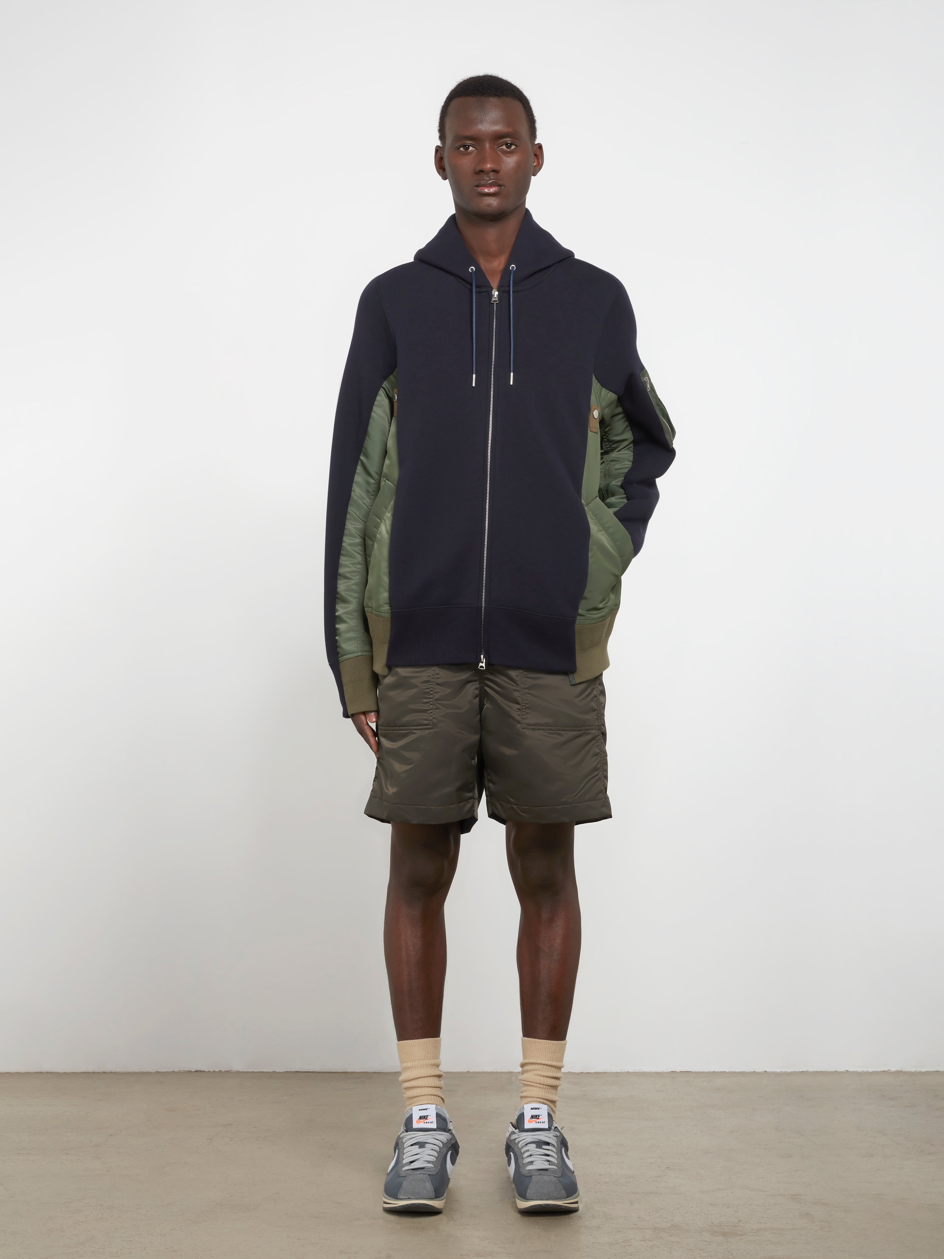 sacai Men's Sponge Sweat MA-1 Zip Up Hoodie (Navy/Khaki) | Dover