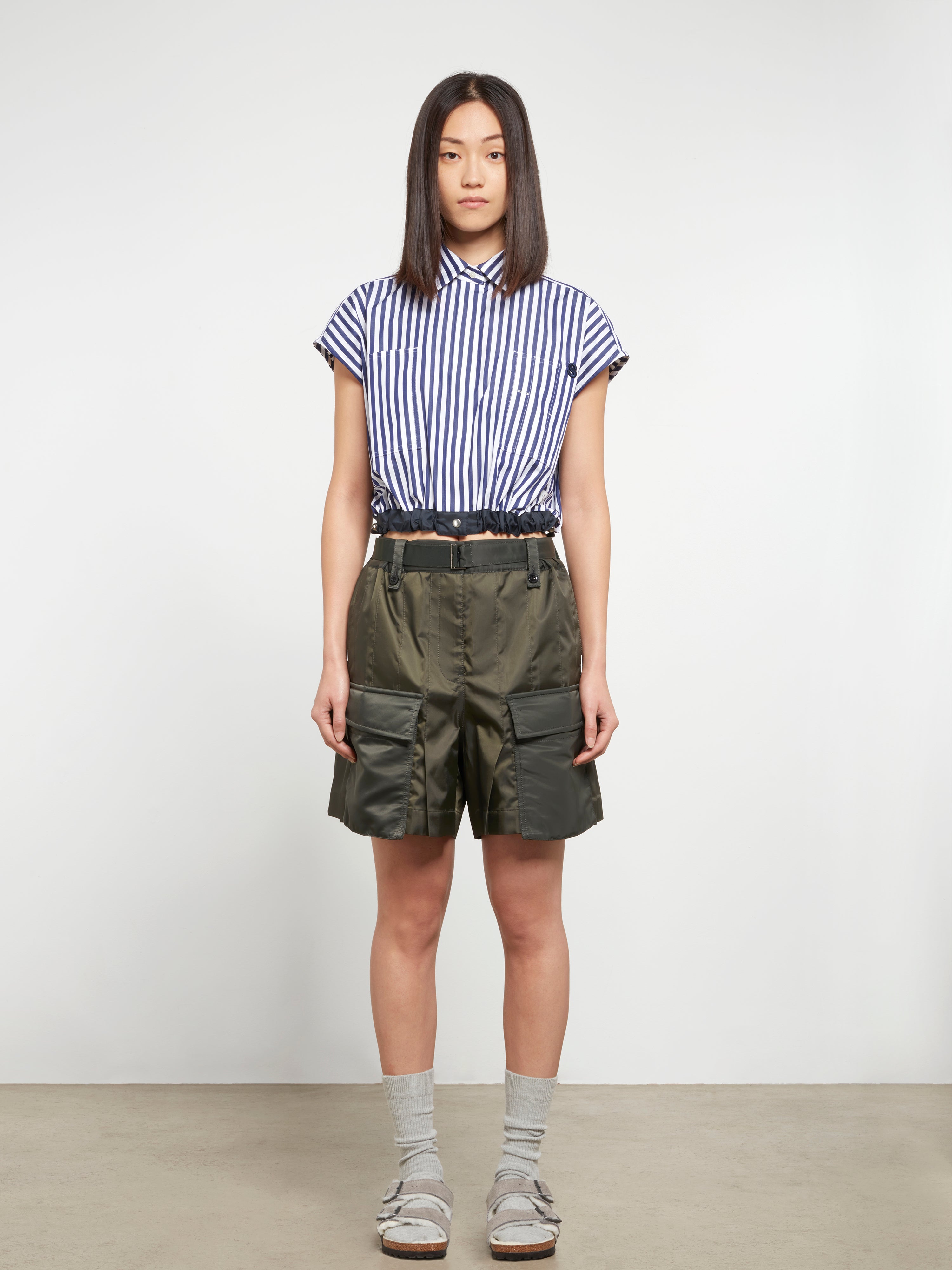 sacai Women's Nylon Twill Shorts (Dark Khaki) | Dover Street
