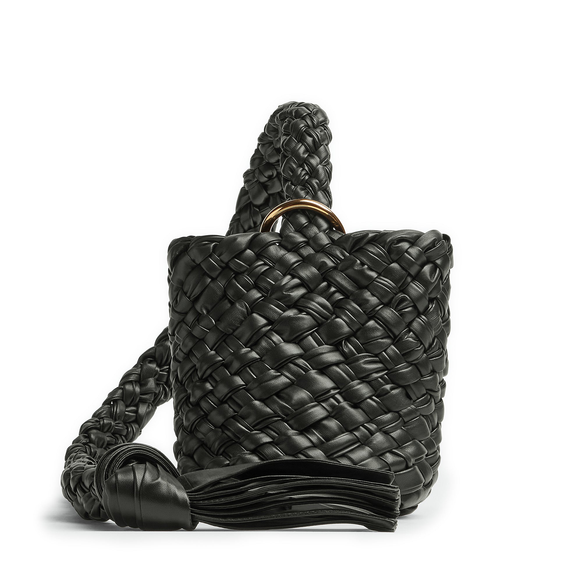 Meli Melo Black Woven Leather Santina Mini Bucket Bag at FORZIERI
