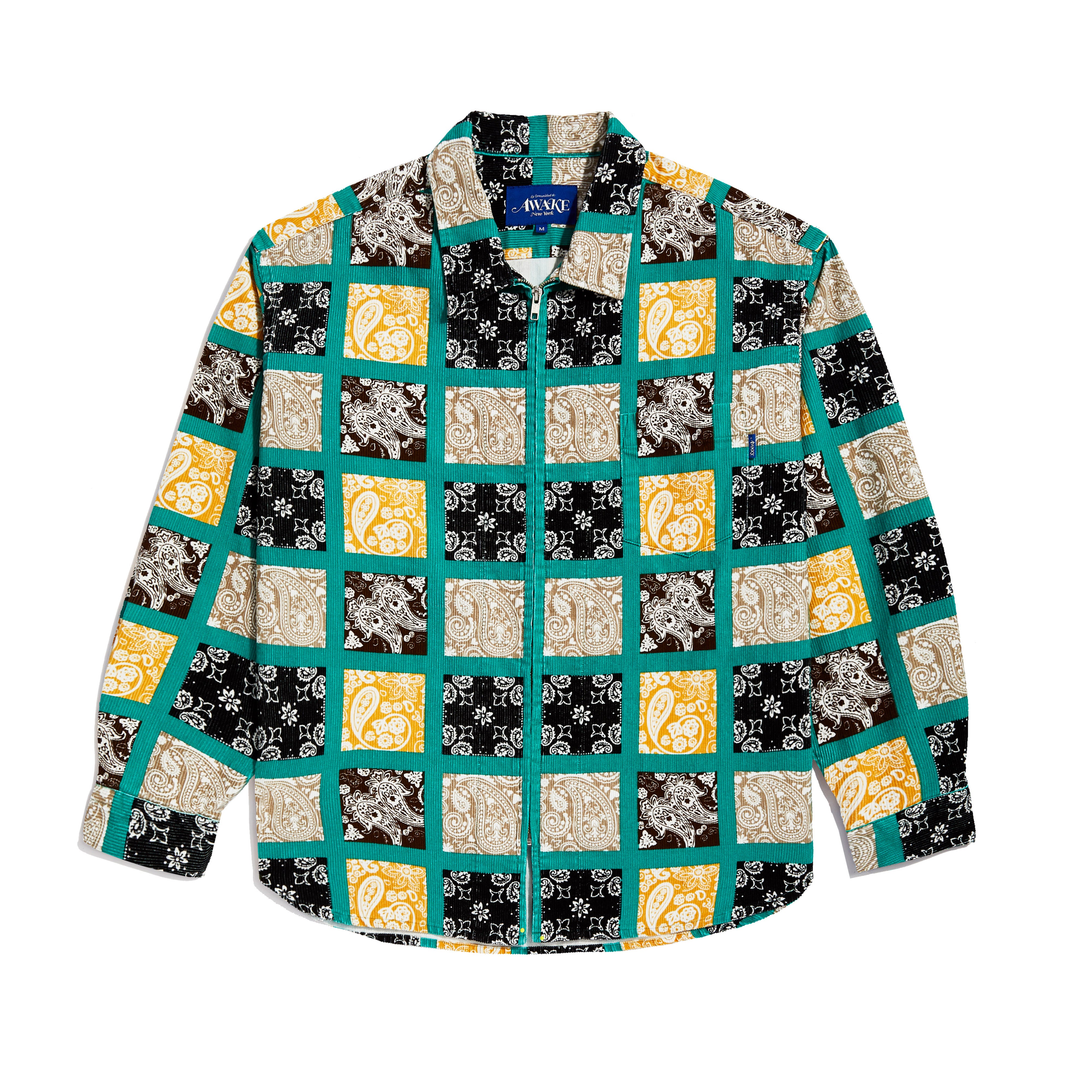 Awake NY: Paisley Printed Corduroy Zip-Up Shirt (Teal/Multi