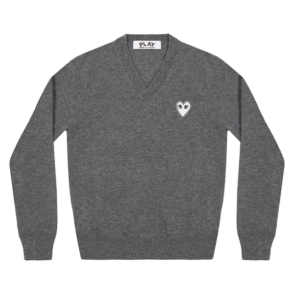 Play - White Heart V Neck Sweater - (Dark Grey)