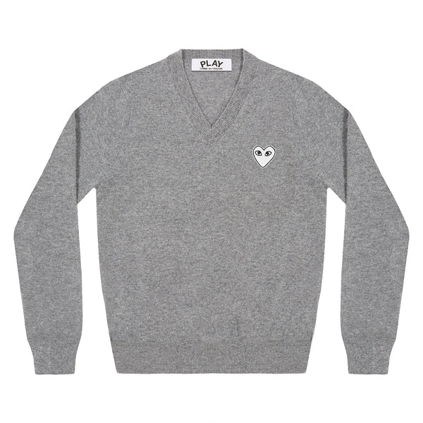Play - White Heart V Neck Sweater - (Light Grey)