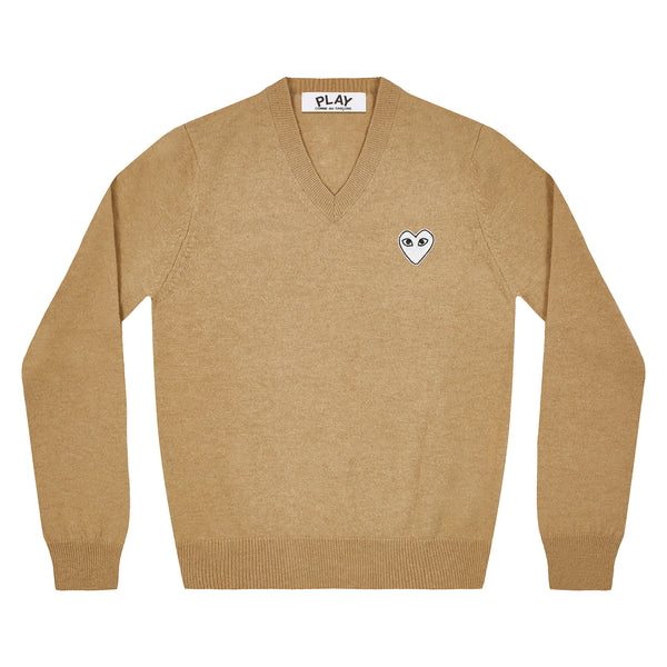 Play - White Heart V Neck Sweater - (Camel)