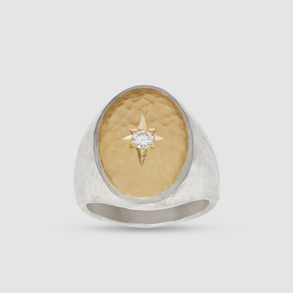 Malcolm Betts - Silver and 18k Yellow Gold Oval Signet Ring  with Star Diamond