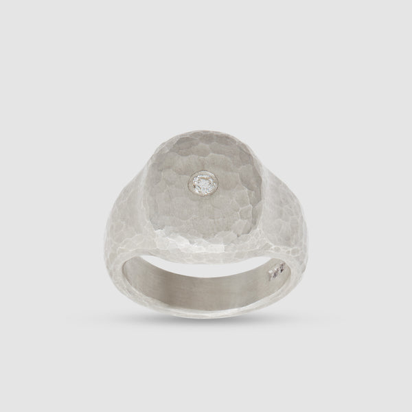 Malcolm Betts - Hammered Silver Signet Ring with Brilliant Diamond