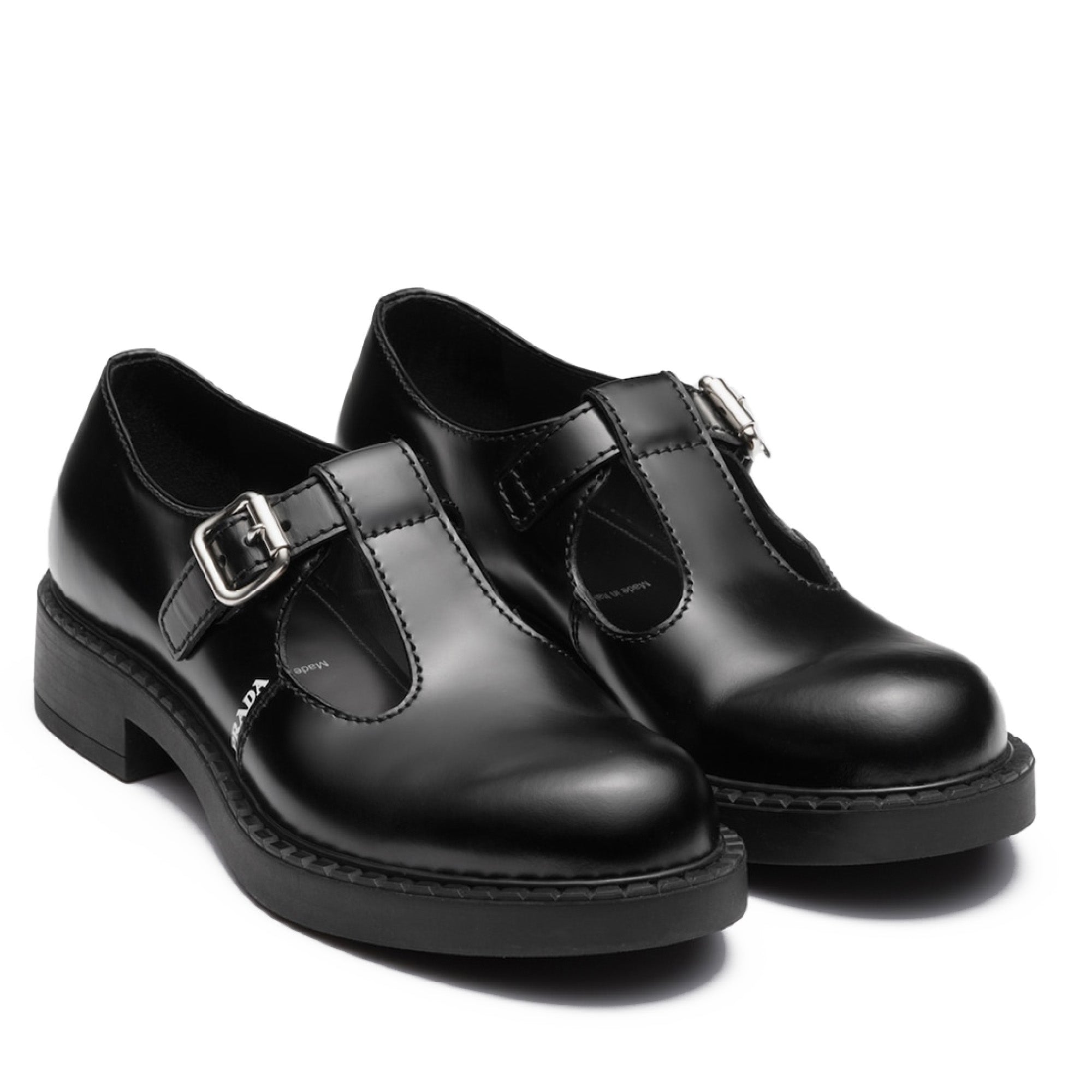 Prada: Men’s Brushed Leather Mary Jane T-strap Shoes (Black) | DSML E-SHOP