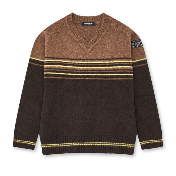 Raf Simons - Men’s Striped Hammer Sleeve V-Neck Sweater - (Dark Brown)